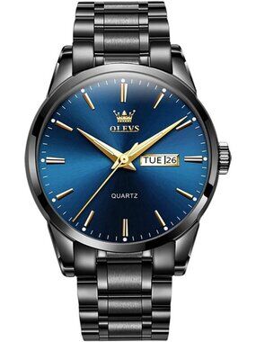 Olevs Men's Black Blue Luxury Stainless Steel Big Analog Quartz Luminous Watch